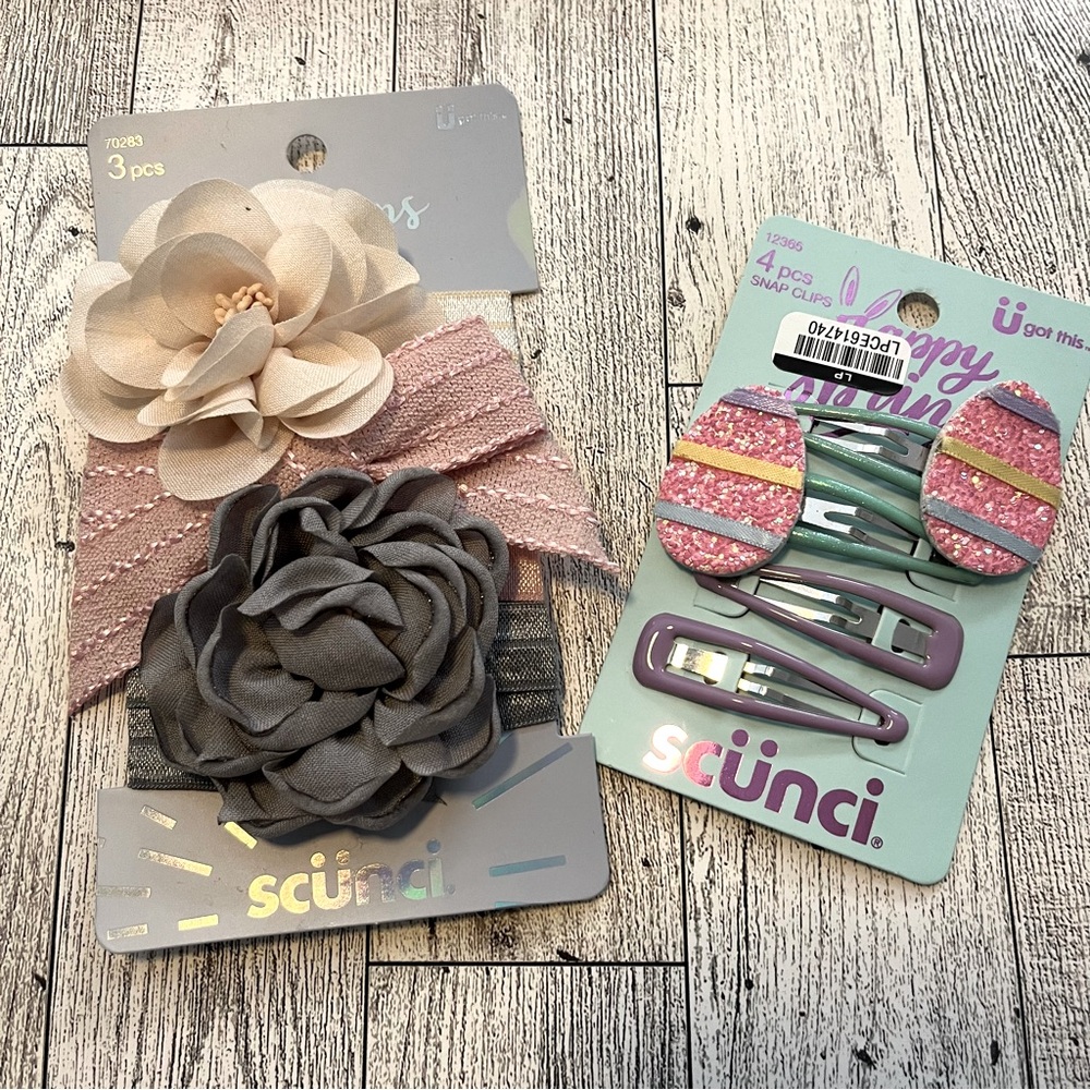 Bundle Scuncii flower hair ties and hair clips styled with easter eggs NWT